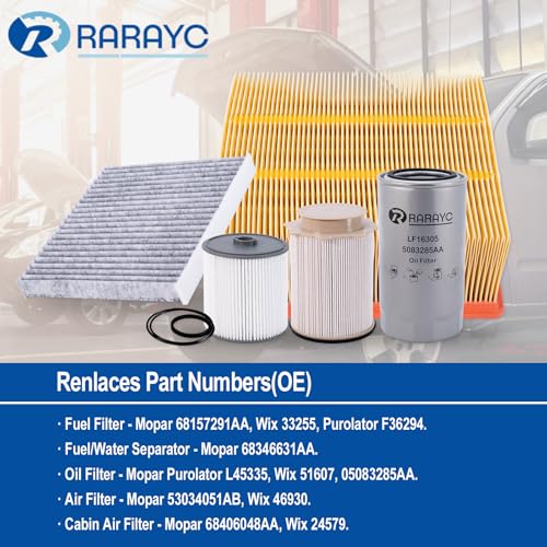 RARAYC 6.7L Cummins Fuel Filter Kit for 2019-2024 Ram Turbo Diesel Engines 68157291AA 68436631AA and Oil Filter 5083285AA Air filter 43034051AB Cabin Air Fitler 68406048AA