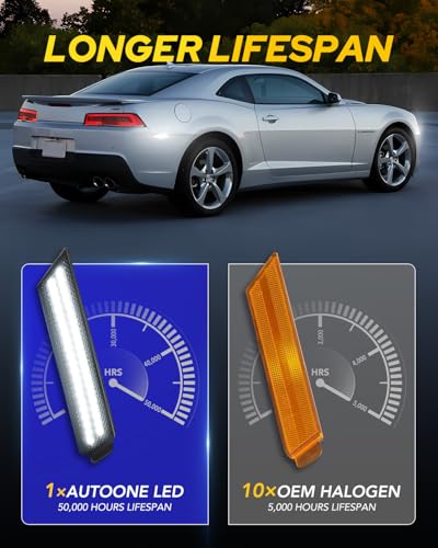 AUTOONE LED Side Marker Lights White Compatible With 5th Gen Chevrolet Camaro 2010-2015, Front & Rear Fender Side Markers, Smoked Lens Driver & Passenger Side Bumper Lights, Pack of 4