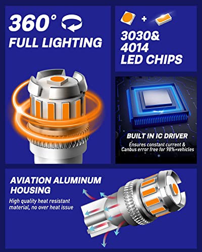 AUTOONE 194 LED Bulb Amber Yellow, Side Marker Lights 300% Brighter T10 168 2825 W5W LED Bulbs for License Plate Light Dome Map Door Courtesy Interior Car Lights, Pack of 2