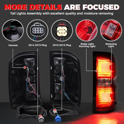 SHINEHOME Tail Light Assembly Compatible with 2016-2019 Chevy Silverado 1500 2500HD 3500HD GMC Sierra 3500HD Left Driver Side Right Passenger Side Taillight Brake Lamp Bulb and Harness