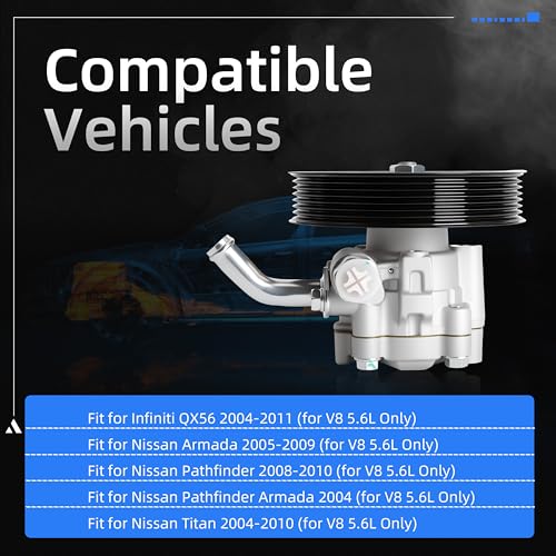 Loautong Power Steering Pump with Pulley, for Infiniti QX56 2004-2011, for Nissan Armada 2005-2009, for Nissan Pathfinder 2008-2010, for Nissan Titan 2004-2010, V8 5.6L, Replace 21-5366 96-5366