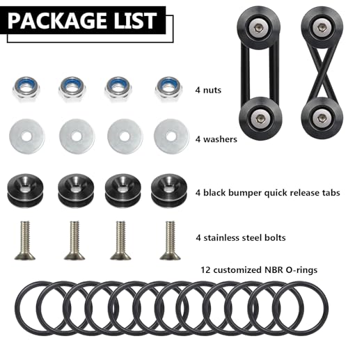 BFXM Universal Bumper Clips, Front Rear Bumper Quick Release Kit, Bumper Holders for Cars (4 Black Bumper Quick Release Tabs and 12 Customized O-Rings)