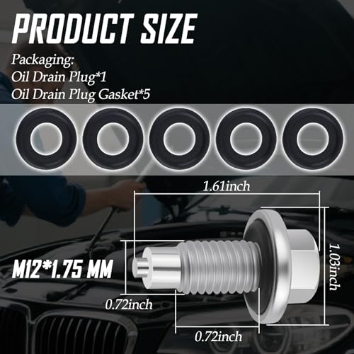 M12x1.75 Magnetic Oil Drain Plug Replacement OEM 10017615/653096US with 5PCS Oil Drain Plug Gasket,Durable Oils Pan Drains Plugs Compatible with Cadillac/Chevrolet,Essential Oils Plugs (M12*1.75)