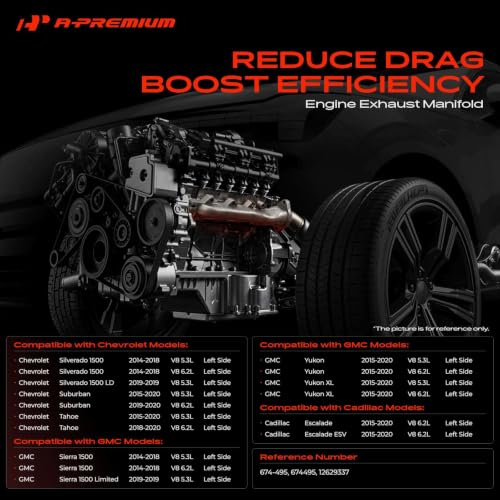 A-Premium Left Side [8Cyl 5.3 6.2L] Engine Exhaust Manifold Kit W/Gaskets & Studs & Nuts Fit for Chevy, GMC & Cadillac Models - Silverado 1500 1500 LD Tahoe Suburban Sierra 1500 Yukon Escalade & More