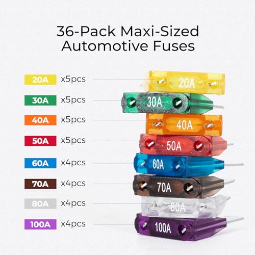 Maxi Fuse Kit 36pcs - 32V Automotive Blade Fuses 20A 30A 40A 50A 60A 70A 80A 100A - for Car SUV RV Motorcycle Boat Truck - Maxi Fuse Assortment