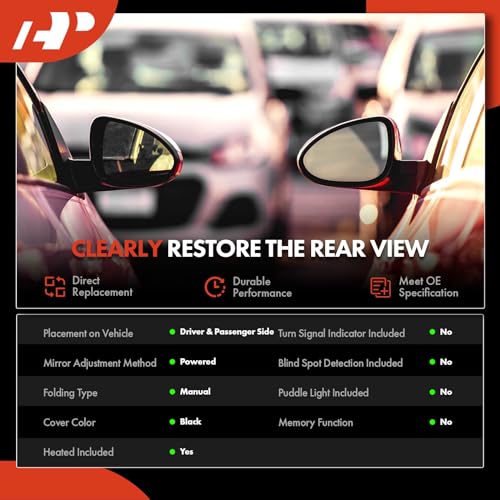 A-Premium Pair (2) Driver and Passenger Side Power Door Mirror - Compatible with Honda Accord 2008 2009 2010 2011 2012 - Heated Manual Folding Black Outside Rear View Mirror - Replace# 76258TA5A11