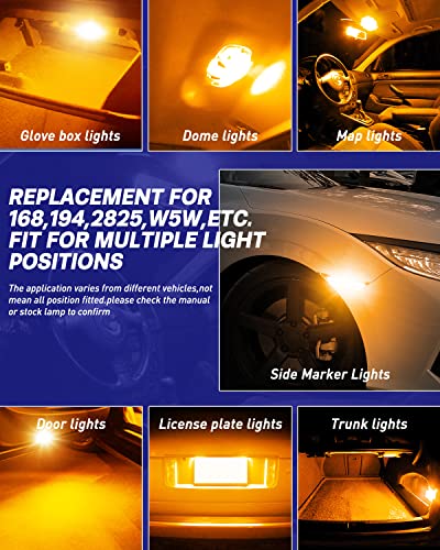 AUTOONE 194 LED Bulb Amber Yellow, Side Marker Lights 300% Brighter T10 168 2825 W5W LED Bulbs for License Plate Light Dome Map Door Courtesy Interior Car Lights, Pack of 2