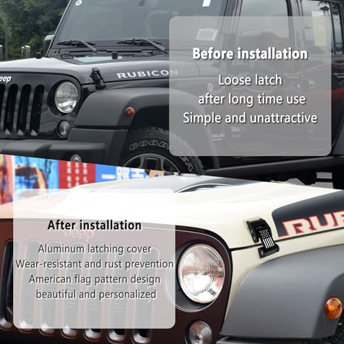 2PCS Aluminum Hood Latch Lock Compatible with Jeep Wrangler JK JKU 2007-2018,Cool American Flag Hood Pin Kits Car Decorations for Reducing Hood Shaking
