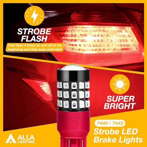 Alla Lighting Upgraded T20 7440 7443 LED Strobe Brake Lights Bulbs, Red Flashing Stop Lamps, W21W 7440LL 7443LL Strobe LED Taillights Replacement for Cars, Trucks, SUVs, Vans