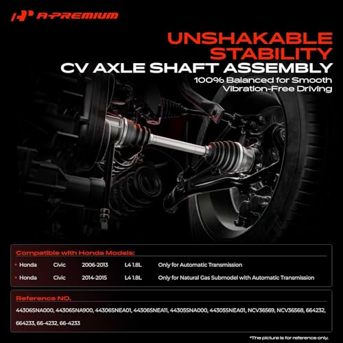 A-Premium Pair (2) Front CV Axle Shaft Assembly Compatible with Honda Civic 2006 2007 2008 2009 2010 2011 2012 2013 2014 2015 L4 1.8L, Automatic Transmission, Driver and Passenger Side