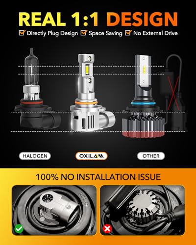 OXILAM H11/H9/H8 9005/HB3 LED Light Bulbs Combo, 100,000 Lumens 1200% Brighter 6500K Cool White H11 9005 Bulbs, IP68 Waterproof, 1:1 Beam Design, 60000Hrs Lifespan, No Flicker, Pack of 4