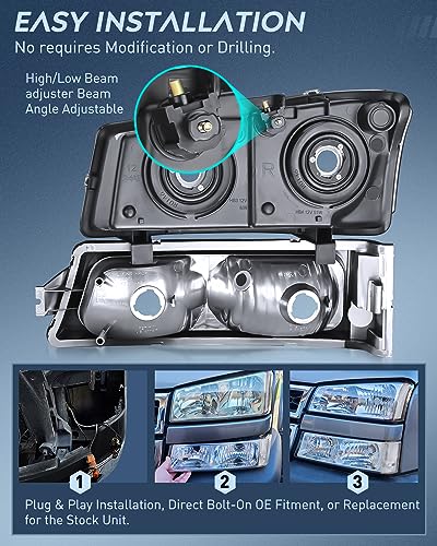 Nilight Headlight Assembly for 2003 2004 2005 2006 Chevy Silverado Avalanche 1500 1500HD 2500 2500HD 3500 Chevrolet Pickup Replacement Headlamp Housing Bumper Lamp Set