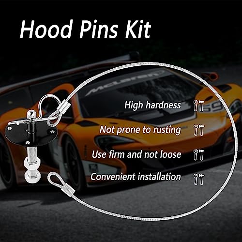 Hood Pins Kit for Car - Stainless Steel Hood Pin Lock Clip with Racing Lanyard for Fixing Car Hood Cover & Reduce Shaking - Universal Car Mods Exterior Accessories Fits Most Car Truck SUV(Black)