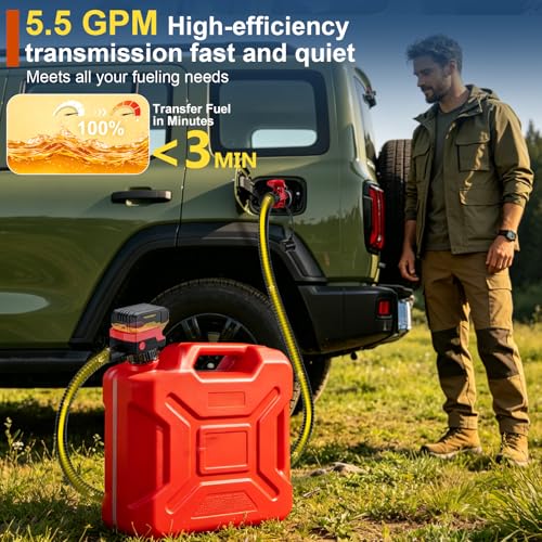 5.5 GPM Cordless Fuel Transfer Pump with Auto Shut-Off & Beep Alert, 57"Hose & 5Adapters, Compatible with DeWalt 20V & Milwaukee 18V Batteries, Portable Gas Can Pump for Gasoline andDiesel (Bare Tool)