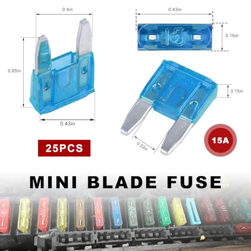 Fkewp 25 PCS 15 Amp Mini Car Fuses, 15A Portable Automotive Fuse Kit for Short Circuit Protection, Heavy Duty Blade Fuses Replacement for Sedan Boat Truck SUV, Car Accessories