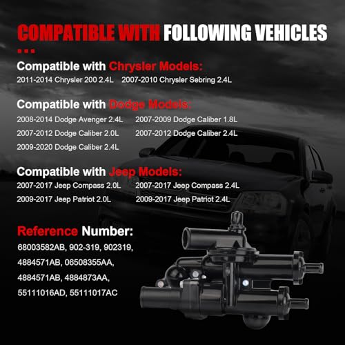 GZGN Thermostat Housing Assembly W/Sensor 68003582AB - Compatible with Dodge, Jeep - Journey 09-20, Avenger 09-14, Compass Patriot 07-17, Caliber, Sebring, 200 - DOHC 4Cyl 2.4L 2.0L
