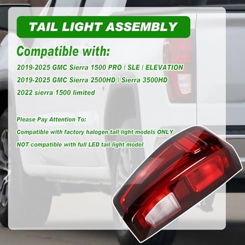 Lochnchn Tail Light Assembly Compatible With 2019-2025 GMC Sierra 1500 2500HD 3500HD Left Driver Side Taillight Rear Lamp Brake Light Replace# 84565919 GM2800309 Halogen Type