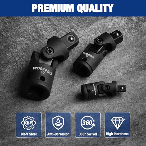 WORKPRO Universal Joint Socket Adapter Set, 3-Piece 1/4" 3/8" 1/2" Drive