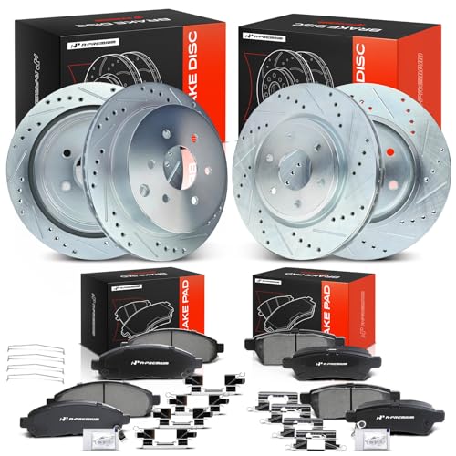 A-Premium Front & Rear Drilled and Slotted Disc Brake Rotors + Ceramic Pads Kit Compatible with Select Nissan and Suzuki Models - Frontier 2005-2019, Xterra 2005-2015, Equator 2009-2012, 12-PC Set