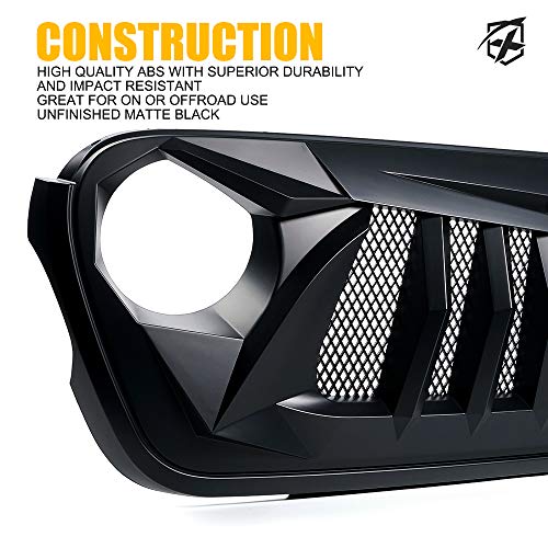 Xprite Matte Black Front Grille Grid Grill w/Mesh Compatible with 2018-2021 Jeep Wrangler JL JT - Black Widow Series