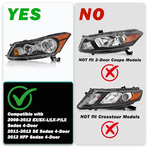 Headlight Assembly Pair for 2008-2012 Honda Accord 4Dr Sedan