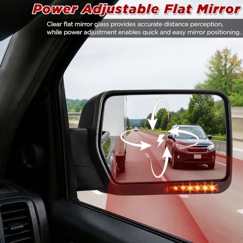 PZ Towing Mirrors Compatible with Ford F150 2007-2014, Power Heated Mirrors With Amber Signal and Puddle Light, Power Adjustable Driver and Passenger Side Tow Mirrors Replacement Pair Set Black