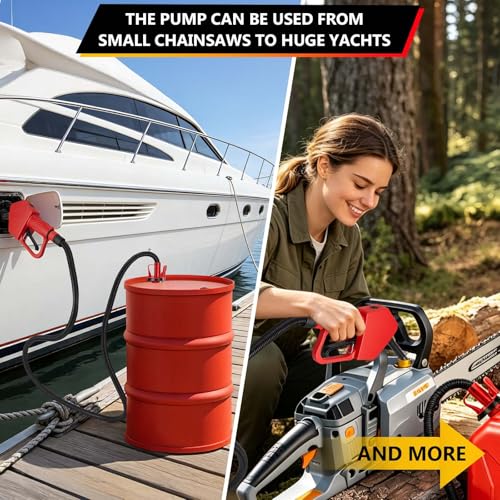 Portable Fuel Transfer Pump with Auto-Stop & Hand Nozzle, 80'' Pumping lift,fit different gas barrel sizes and depths, no adapters needed,3.8GPM, mulitiple power supply,for Gasoline, Diesel, Kerosene
