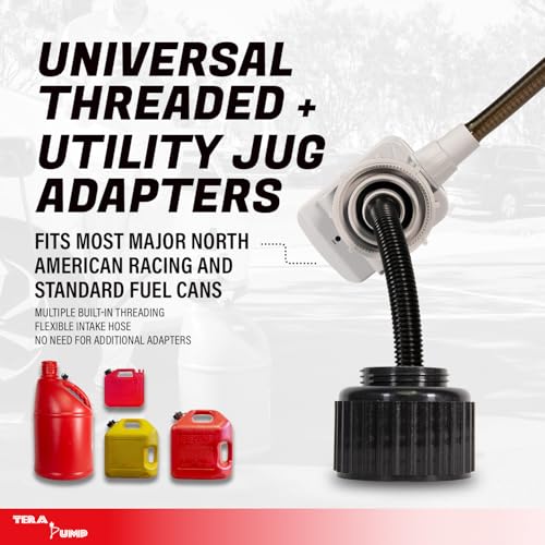 TERA PUMP TRFA01-XL 2nd Gen. Battery Powered Overfill Protection Fuel Transfer Pump w/Universal Gas Can & Utility Jug Adapter, 4.27ft Vinyl Hose, 2.5 GPM for Gas Diesel E15 E85 Fuels