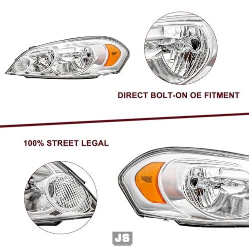 JSBOYAT Headlight Assembly Fit for 2006-2013 Chevy Impala / 2006-2007 Chevy Monte Carlo / 2014-2016 Chevy Impala Limited Driver and Passenger Side, Chrome Housing with Amber Reflector
