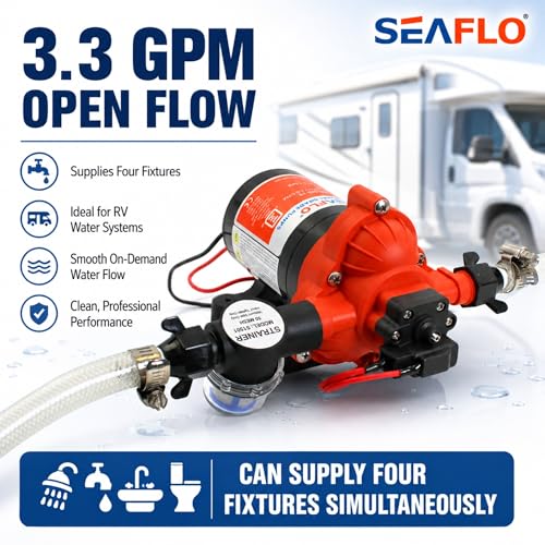 SEAFLO 33 series RV Water Pump - 12V, 3.0 GPM 45 PSI Diaphragm Pump, Self Priming On Demand Fresh Water Pump for RV Camper Boat Marine, Self Priming Pressure Pump, NSF UL 4-Year Warranty