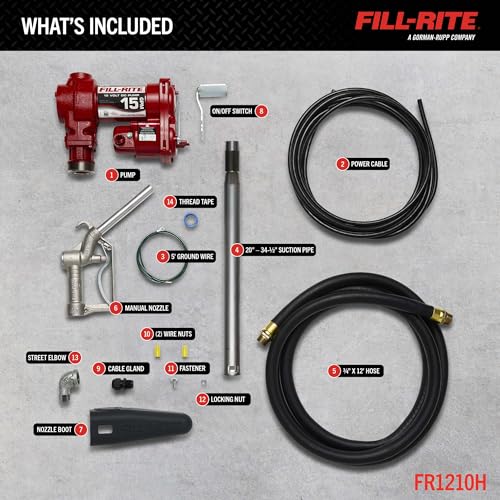Fill-Rite FR1210H 12V 15 GPM Fuel Transfer Pump with Discharge Hose & Manual Nozzle | Gasoline, Diesel, Kerosene, Ethanol & Methanol Blends & Biodiesel
