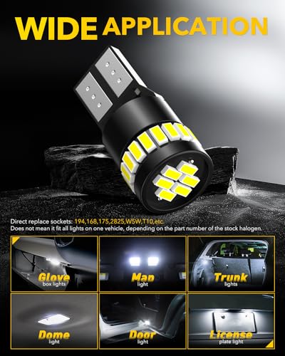 AUXITO 194 LED Light Bulb 6000K White 168 2825 W5W T10 Wedge 24-SMD 3014 Chipsets LED Replacement Light Kit Error Free for Car Interior Dome Map Door License Marker Lights, Pack of 10