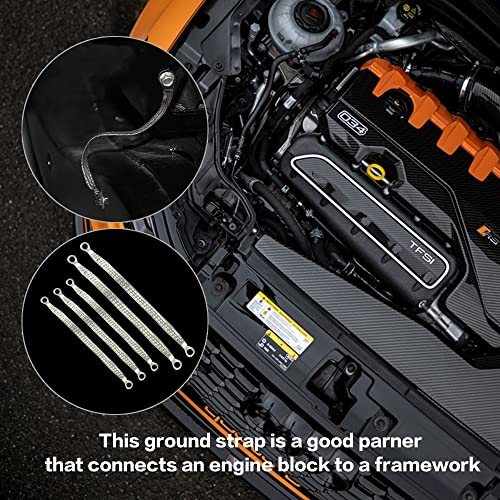 Universal Flat Braided Copper Ground Strap,Professional Vehicle Grounding Cable Straps with Terminals Plugs,Tinplate Silver Color Automotive Engine Copper Ground Strap for Most Cars