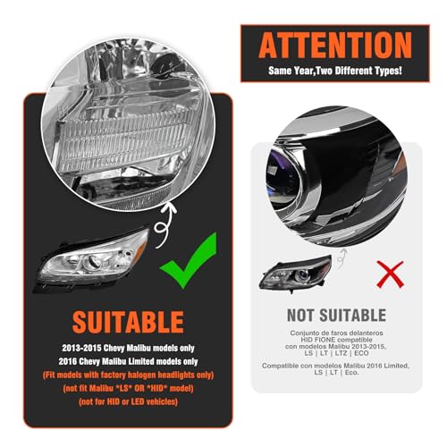 AXLAHA Headlights Assembly for 2013 2014 2015 Chevy Malibu 4-Door LT/LTZ fit 2016 Chevy Malibu Limited Headlamp with Factory Halogen 4 Door Sedan Chrome Housing Driver & Passenger Side(No Bulb)