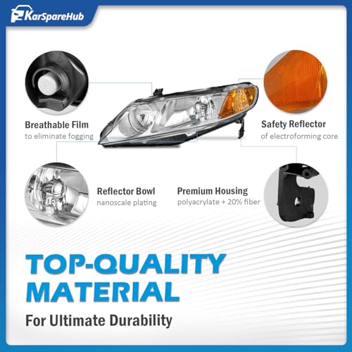 KarSpareHub Headlights Assembly for 2006-2011 Honda Civic 4-Door Headlamp Replacement Chrome Housing Driver & Passenger Side (NOT fit 2-Door)