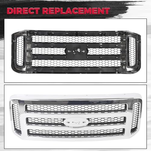 HECASA Front Grille Compatible with 2005-2007 Ford F250 F350 F450 F550 SuperDuty FO1200456 5C3Z8200BAA Upper Bumper Hood Grill W/Gray Honey Comb Chrome