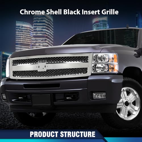 PIT66 Grille Fit Chevy Silverado 1500 2007-2013 Chrome Shell w/Black Insert
