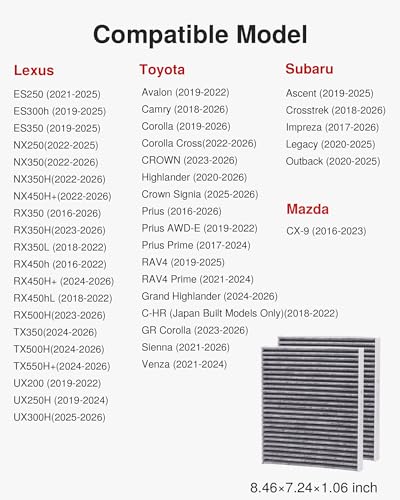 Puroma 2 Pack Cabin Air Filter with Activated Carbon, Replacement for CP157, CF12157, Select Lexus, Mazda, Subaru and Toyota Avalon, Camry, Corolla, Highlander, Prius, RAV4, Sienna, Venza