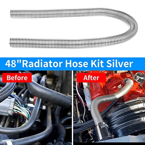 iRKY 48" Flexible Radiator Hose Stainless Steel Universal Water Hoses Adapter Coolant Radiator Hose Kit With 4Pcs Chrome Caps (8 Clamps, Silver)
