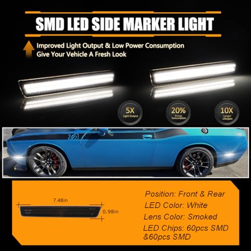 OFFKAT Front & Rear Fender [Ultra-Bright] 2-Row Full LED Side Marker Lights for Dodge Challenger 2015-2023, Smoked Lens White LED Side marker Lamps, Replace OEM#: 68195788AB, 68195797AB, 4 PCS
