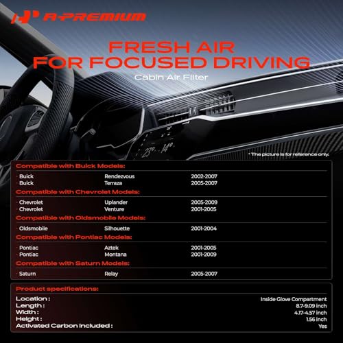 A-Premium 2-PC Cabin Air Filter w/Activated Carbon Compatible with Chevy, Buick, Oldsmobile, Pontiac & Saturn - Uplander 05-09, Venture 01-05, Rendezvous 02-07, Terraza, Silhouette, Aztek, Montana