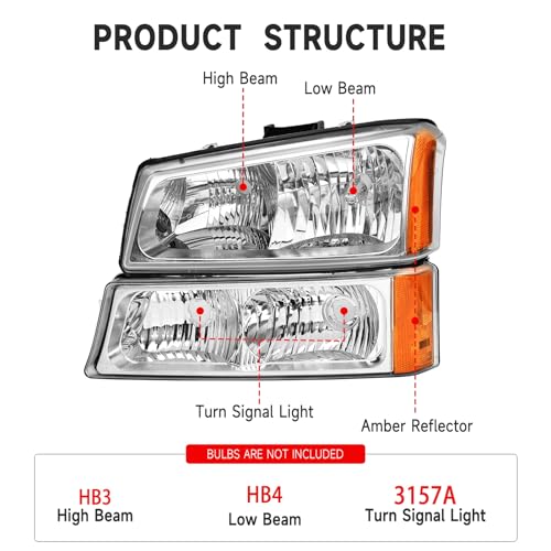 AS Headlight Assembly for 2003 2004 2005 2006 Chevy Silverado/Avalanche 1500 2500 3500 Driver and Passenger Side Headlamp Replacement Pair - Not Fits Body Cladding Models