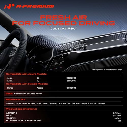 A-Premium Cabin Air Filter with Activated Carbon Compatible with Honda Accord 1998-2002 & Acura TL 1999-2003, CL 2001-2003