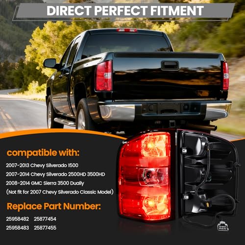 BeamTrack Tail Lights Assembly Compatible with 2007-2013 Chevy Silverado 1500 2500HD 3500HD Rear Brake Taillight Replacement Set Left Driver & Right Passenger Side, with Bulbs & Harness