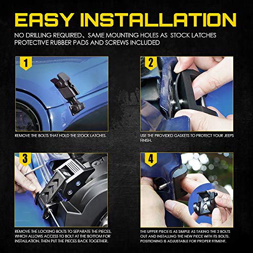 Xprite Aluminum Hood Latches Catch Kit for Jeep Wrangler JK JKU 2007-2018 & 2018-2026 Jeep Wrangler JL JLU Gladiator JT - Pair
