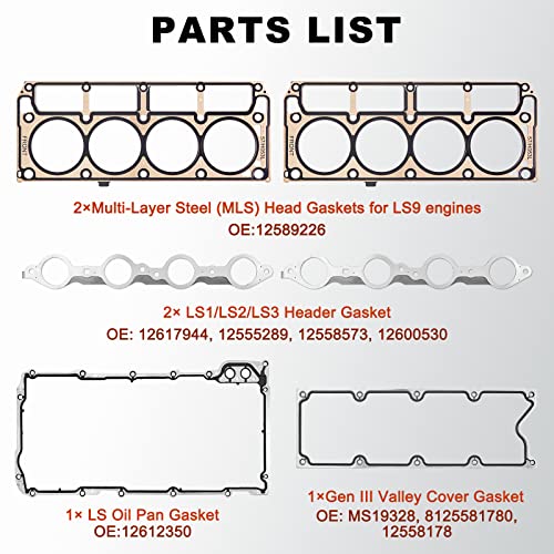 AUTOBABA GEN 3 III LS Gasket Set Kit & LS Head Gaskets Compatible with 1999-2010 GM Chevy Silverado GMC Sierra 1500 2500 Engine LS1 LS6 LQ4 LQ9 4.8L 5.3L 5.7L 6.0L Replace# 12558178 12551933 12611384