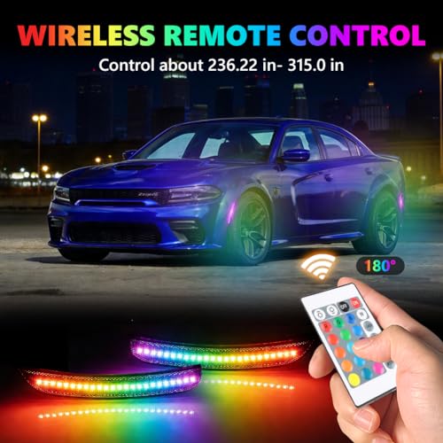 OFFKAT Full LED Side Marker Lights for Dodge Charger RT SXT R/T GT 2015-2023, Smoked Lens RGB LED Side Markers, Front & Rear Turn Signal Marker Lights, 4 PCS