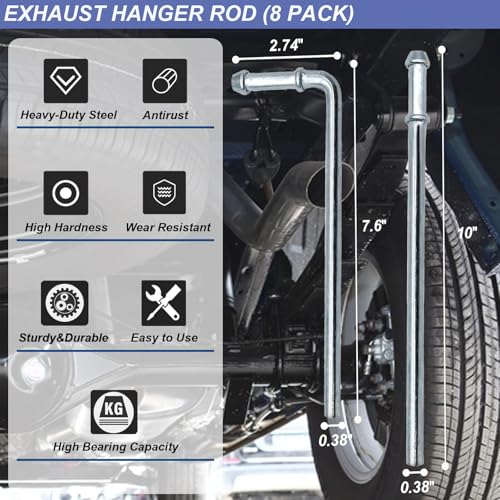 CAROTUPY Heavy Duty Rubber Exhaust Hanger Rod Set, 7.6" Long 3/8"Rod 90° + 10" Long Straight Muffler Hanger + 2 Hole 4 Hole Rubber EPDM Bushing Exhaust Rubber Hanger for Automotive (16Pcs)