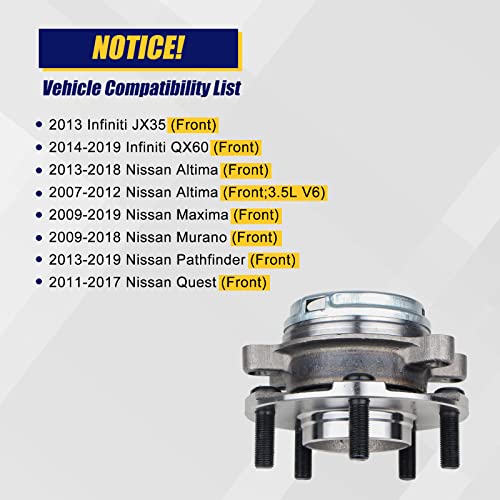 KUSATEC 513296 Front Wheel Bearing and Hub Assembly Fit for Nissan Altima 2007-2018, Maxima 2009-2019, Murano 2009-2018, Pathfinder 2013-2019, Infiniti JX35 2013, QX60 2014-2019