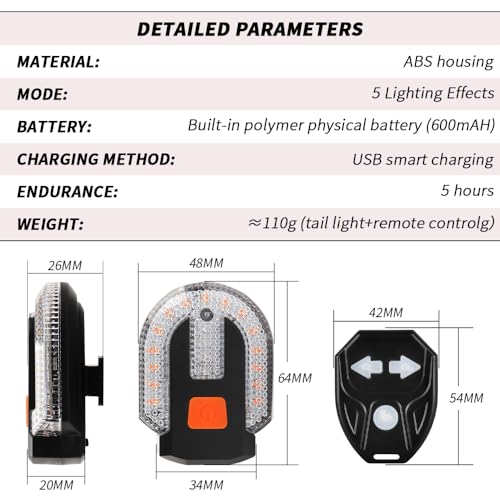 UPXSXT 4Pcs Turn Signals for Bicycles with Alarm, USB Charging Remote Control Split/Integrated Bike Tail Light 5 Modes Waterproof Strobe Bike Rear Lights Can be Mounted on Front and Rear of Bicycle